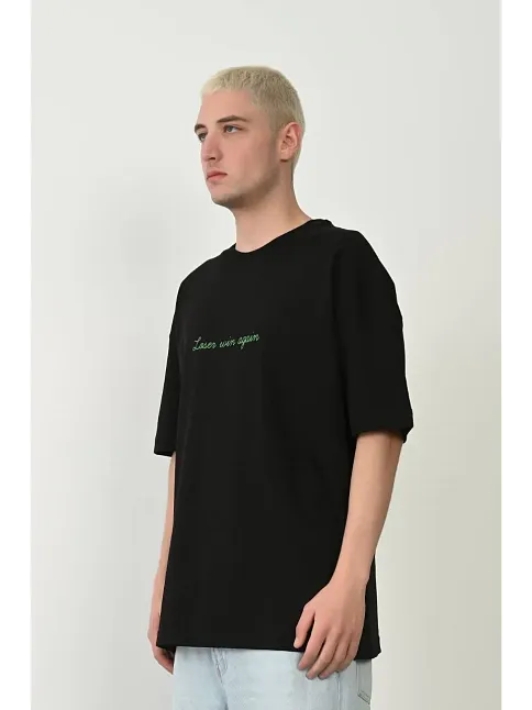 Erkek Baskılı T-shirt Kısa Kol Bisiklet Yaka Rahat Kalıp Tişört  - Siyah