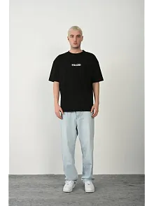 Erkek Baskılı T-shirt Kısa Kol Bisiklet Yaka Rahat Kalıp Tişört - Siyah