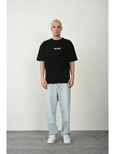 Erkek Baskılı T-shirt Kısa Kol Bisiklet Yaka Rahat Kalıp Tişört - Siyah