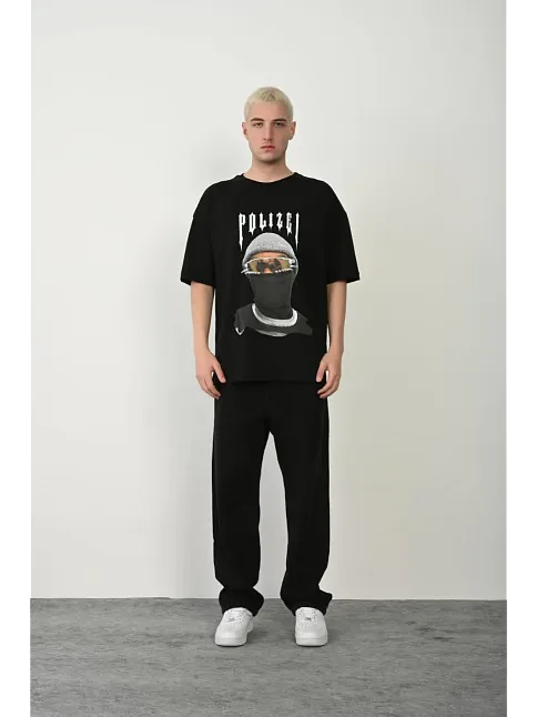 Erkek Baskılı T-shirt Kısa Kol Bisiklet Yaka Rahat Kalıp Tişört - Siyah