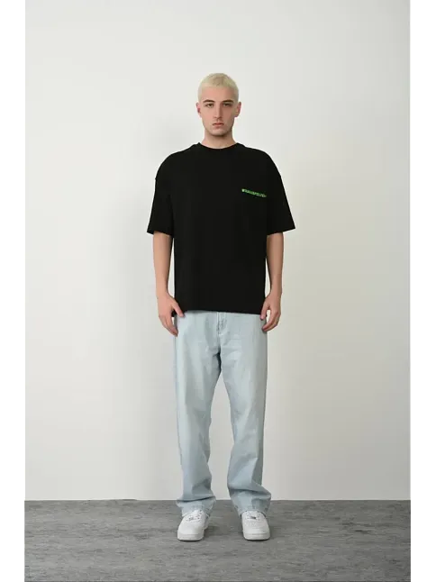 Erkek Baskılı T-shirt Kısa Kol Bisiklet Yaka Rahat Kalıp Tişört  - Siyah