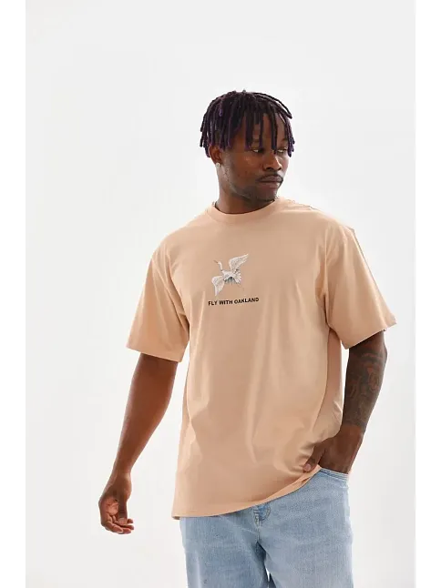 Erkek Baskılı T-shirt Kısa Kol Bisiklet Yaka Rahat Kalıp Tişört - Bej