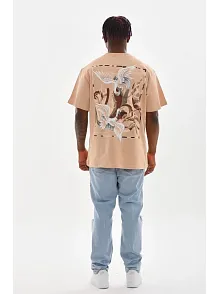 Erkek Baskılı T-shirt Kısa Kol Bisiklet Yaka Rahat Kalıp Tişört - Bej