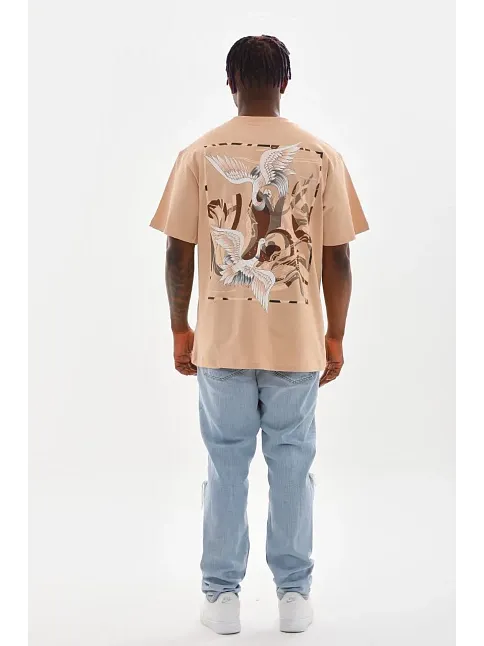 Erkek Baskılı T-shirt Kısa Kol Bisiklet Yaka Rahat Kalıp Tişört - Bej