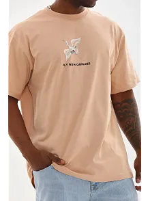 Erkek Baskılı T-shirt Kısa Kol Bisiklet Yaka Rahat Kalıp Tişört - Bej