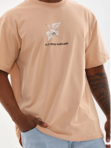Erkek Baskılı T-shirt Kısa Kol Bisiklet Yaka Rahat Kalıp Tişört - Bej