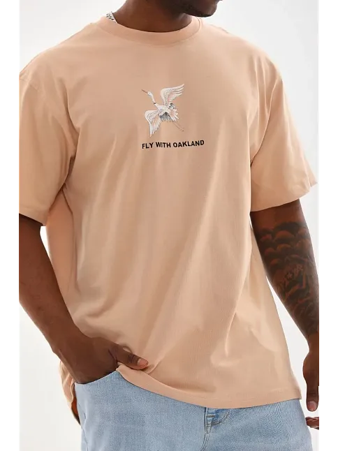 Erkek Baskılı T-shirt Kısa Kol Bisiklet Yaka Rahat Kalıp Tişört - Bej