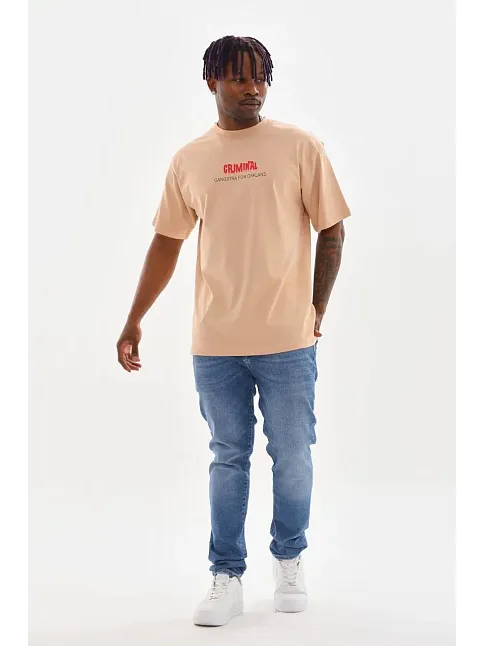 Erkek Baskılı T-shirt Kısa Kol Bisiklet Yaka Rahat Kalıp Tişört  - Bej
