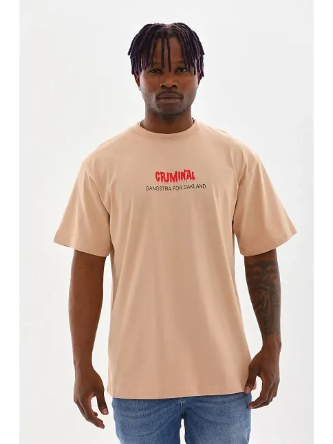 Erkek Baskılı T-shirt Kısa Kol Bisiklet Yaka Rahat Kalıp Tişört  - Bej
