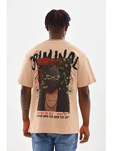 Erkek Baskılı T-shirt Kısa Kol Bisiklet Yaka Rahat Kalıp Tişört  - Bej