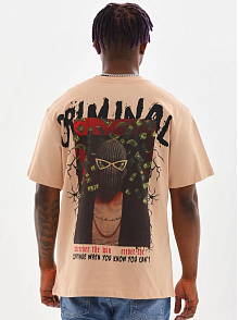 Erkek Baskılı T-shirt Kısa Kol Bisiklet Yaka Rahat Kalıp Tişört  - Bej