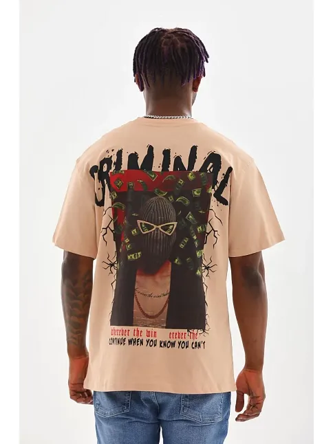 Erkek Baskılı T-shirt Kısa Kol Bisiklet Yaka Rahat Kalıp Tişört  - Bej
