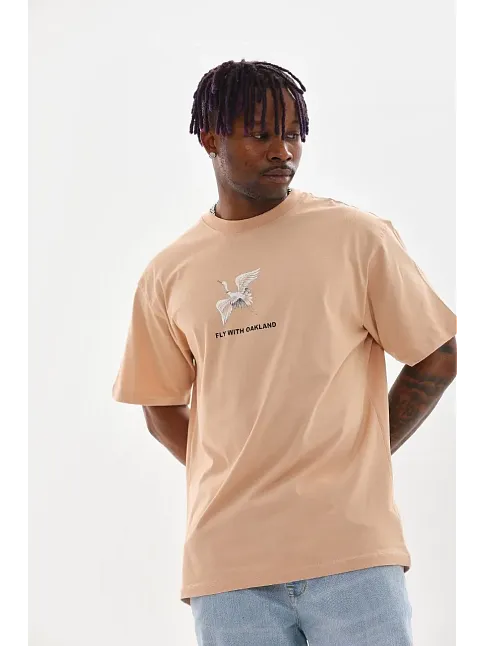 Erkek Baskılı T-shirt Kısa Kol Bisiklet Yaka Rahat Kalıp Tişört - Bej