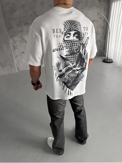 Erkek Kısa Kol Tişört Bisiklet Yaka Filistin Poşulu Baskılı T-shirt - Beyaz