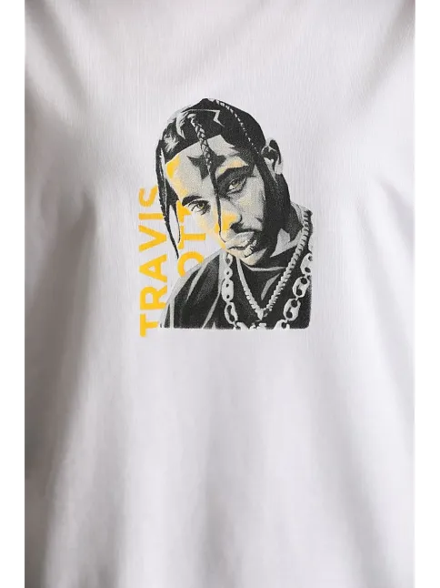 Kadın Baskılı T-shirt Kısa Kol Bisiklet Yaka Oversize Rahat Kalıp Günlük Tişört - Beyaz