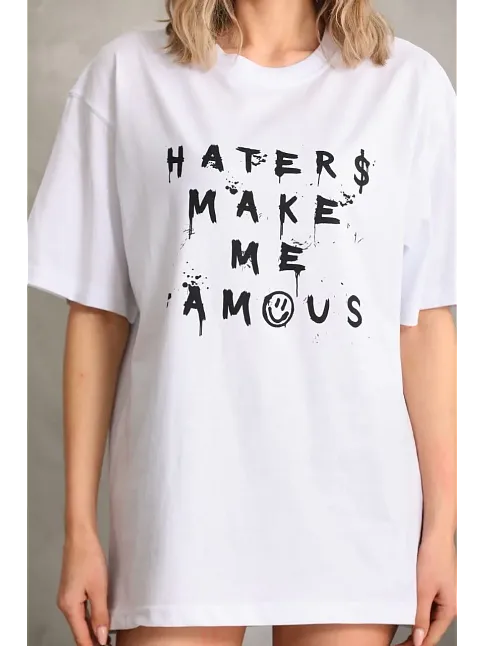 Kadın Ön Ve Arka Baskılı Oversize Kısa Kol  T-shirt - Beyaz