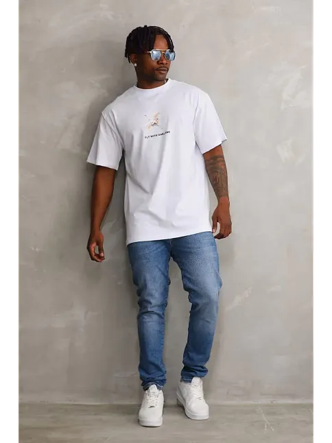 Erkek Baskılı T-shirt Kısa Kol Bisiklet Yaka Rahat Kalıp Tişört - Beyaz