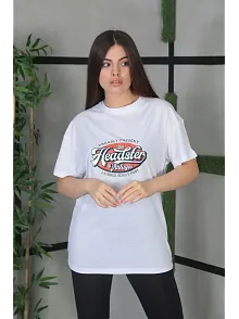 Kadın Kısa Kol Yazlık Tişört Bisiklet Yaka Baskılı Oversize T-shirt - Beyaz