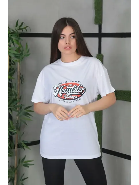 Kadın Kısa Kol Yazlık Tişört Bisiklet Yaka Baskılı Oversize T-shirt - Beyaz