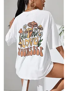 Kadın Baskılı Oversize Kısa Kol T-shirt - Beyaz