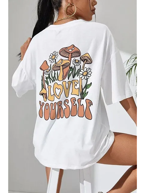 Kadın Baskılı Oversize Kısa Kol T-shirt - Beyaz