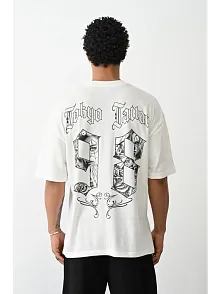 Erkek Kısa Kol Yazlık Tişört Bisiklet Yaka Baskılı Oversize T-shirt - Beyaz