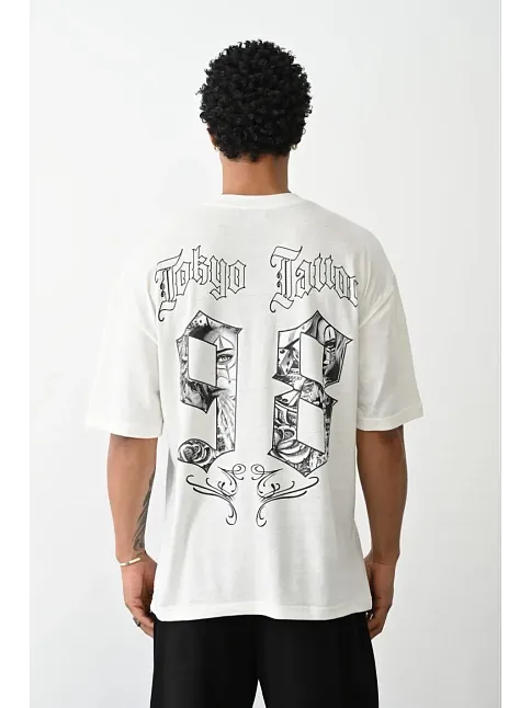 Erkek Kısa Kol Yazlık Tişört Bisiklet Yaka Baskılı Oversize T-shirt - Beyaz