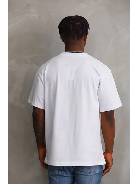 Erkek Baskılı T-shirt Kısa Kol Bisiklet Yaka Rahat Kalıp Tişört - Beyaz
