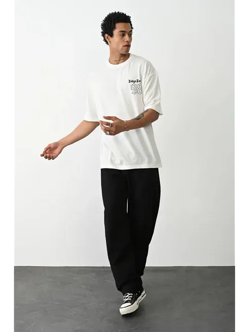 Erkek Kısa Kol Yazlık Tişört Bisiklet Yaka Baskılı Oversize T-shirt - Beyaz
