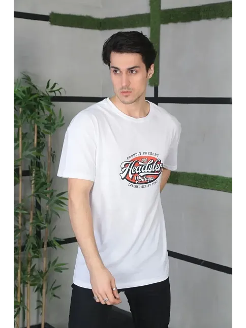 Erkek Baskılı T-shirt Kısa Kol Bisiklet Yaka Regular Fit Rahat Kalıp Günlük Tişört - Beyaz