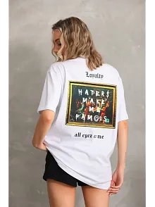 Kadın Ön Ve Arka Baskılı Oversize Kısa Kol  T-shirt - Beyaz