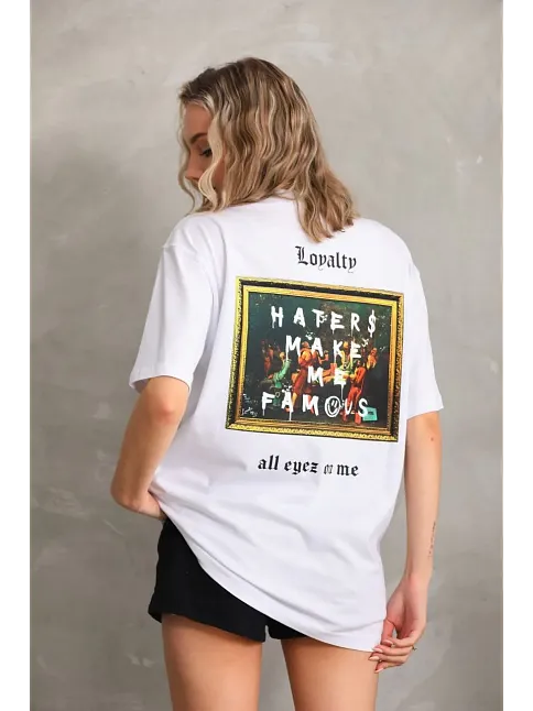 Kadın Ön Ve Arka Baskılı Oversize Kısa Kol  T-shirt - Beyaz