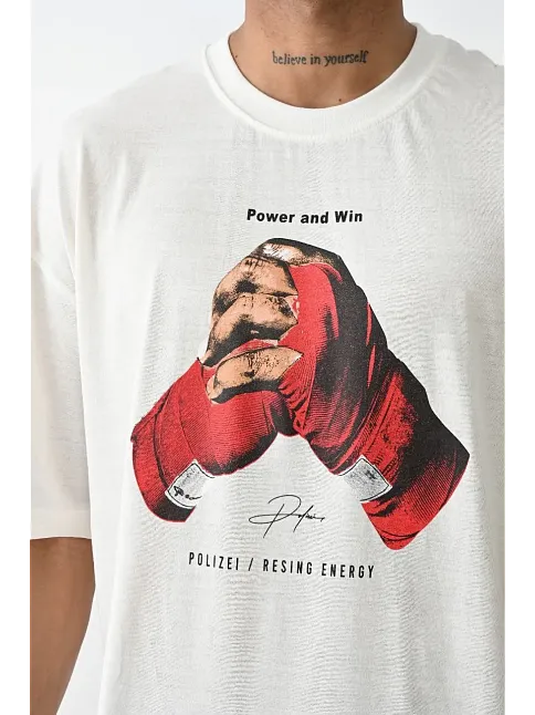 Erkek Box Eldiven Baskılı T-shirt Kısa Kol Bisiklet Yaka Tişört - Beyaz
