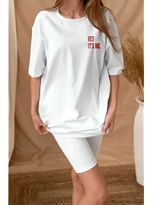 Kadın Baskılı T-shirt Kısa Kol Bisiklet Yaka Oversize Rahat Kalıp Tişört - Beyaz