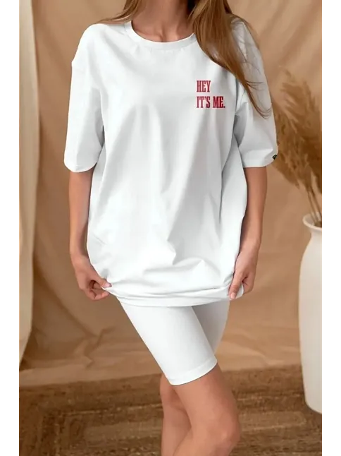 Kadın Baskılı T-shirt Kısa Kol Bisiklet Yaka Oversize Rahat Kalıp Tişört - Beyaz