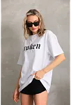 Kadın Kısa Kol Yazlık Tişört Bisiklet Yaka Baskılı Oversize T-shirt - Beyaz
