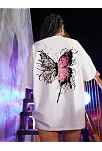 Kadın Tişört Kelebek Baskılı Oversize Kısa Kol T-shirt - Beyaz
