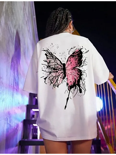 Kadın Tişört Kelebek Baskılı Oversize Kısa Kol T-shirt - Beyaz