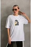 Kadın Baskılı T-shirt Kısa Kol Bisiklet Yaka Oversize Rahat Kalıp Günlük Tişört - Beyaz