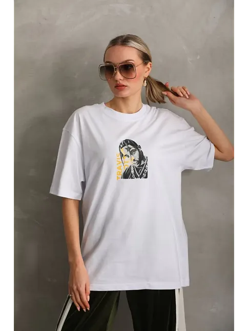 Kadın Baskılı T-shirt Kısa Kol Bisiklet Yaka Oversize Rahat Kalıp Günlük Tişört - Beyaz