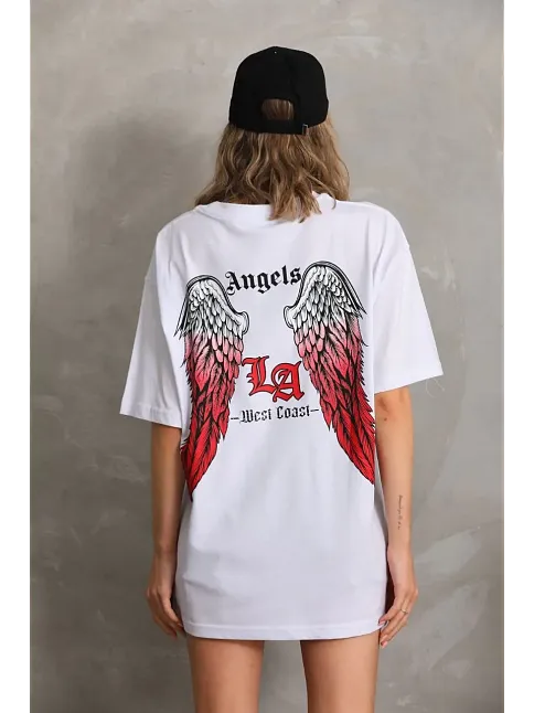 Kadın Baskılı Tişört Kısa Kol Bisiklet Yaka Oversize T-shirt - Beyaz