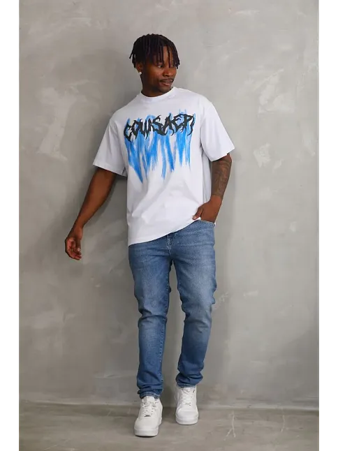 Erkek Baskılı T-shirt Kısa Kol Bisiklet Yaka Rahat Kalıp Tişört - Beyaz