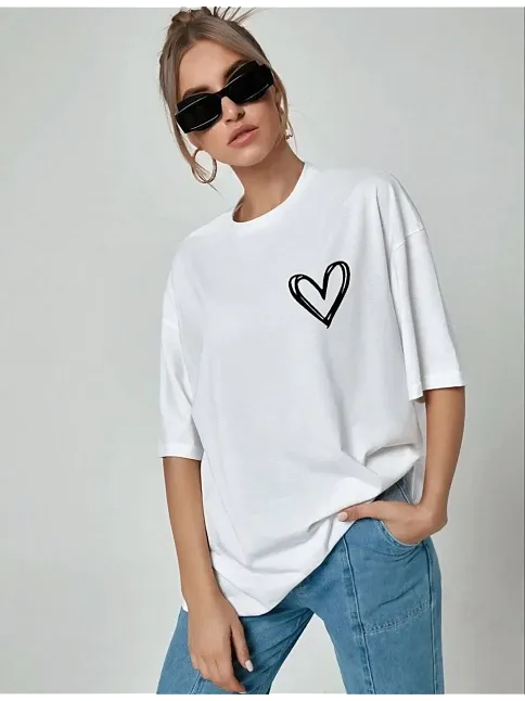 Kadın Tişort Kalp Baskılı Bisiklet Yaka Kısa Kol T-shirt - Beyaz