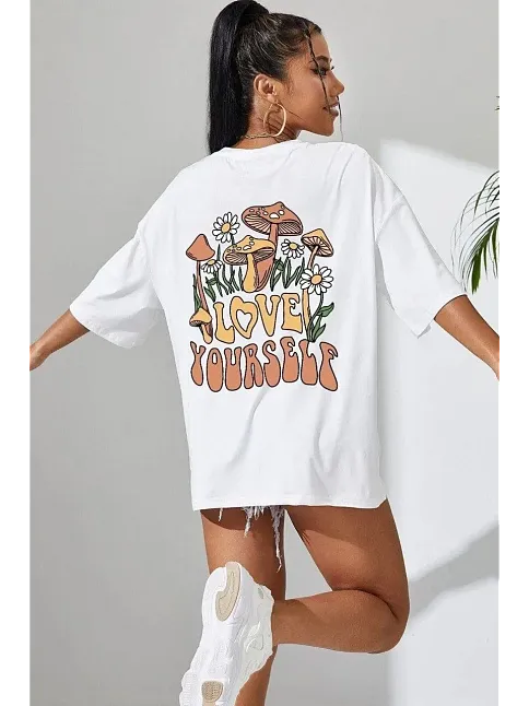 Kadın Baskılı Oversize Kısa Kol T-shirt - Beyaz