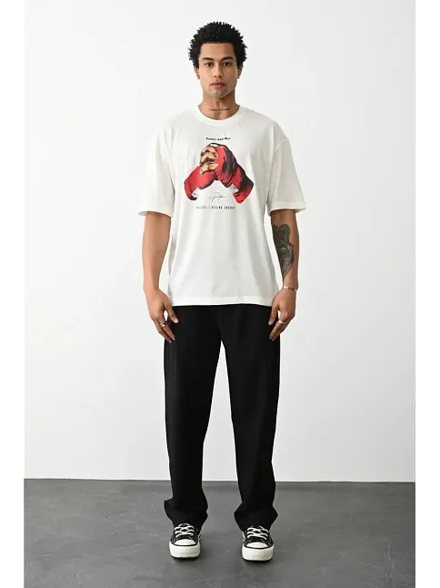 Erkek Box Eldiven Baskılı T-shirt Kısa Kol Bisiklet Yaka Tişört - Beyaz