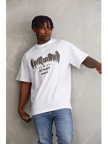 Erkek Baskılı T-shirt Kısa Kol Bisiklet Yaka Rahat Kalıp Tişört - Beyaz