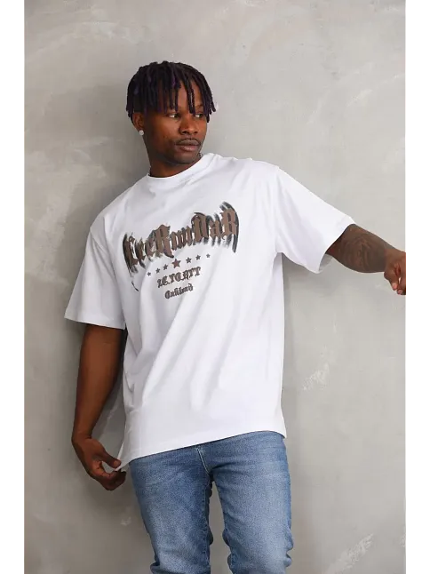 Erkek Baskılı T-shirt Kısa Kol Bisiklet Yaka Rahat Kalıp Tişört - Beyaz