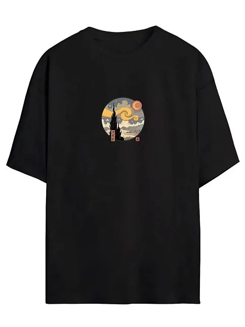 Kadın Baskılı T-shirt Kısa Kol Bisiklet Yaka Oversize Rahat Kalıp Tişört - Siyah