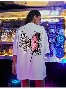 Kadın Kısa Kol Yazlık Tişört Bisiklet Yaka Kelebek Baskılı T-shirt - Beyaz