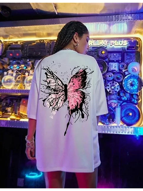 Kadın Tişört Kelebek Baskılı Oversize Kısa Kol T-shirt - Beyaz
